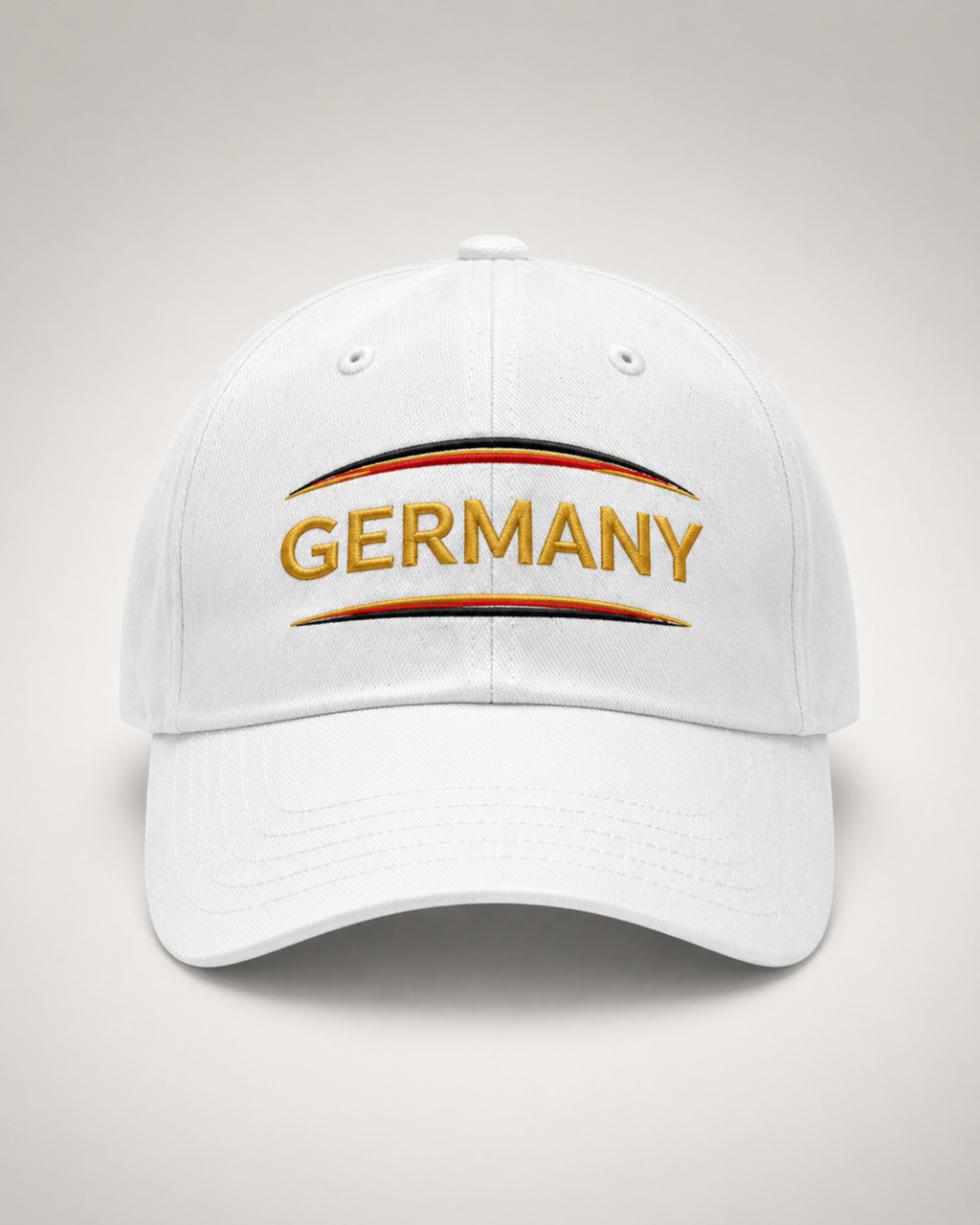 Germany Embroidered White Baseball Cap – Gold Lettering with Flag Color Accents
