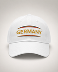 Germany Embroidered White Baseball Cap – Gold Lettering with Flag Color Accents