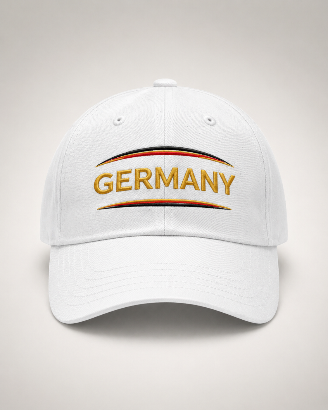 Germany Embroidered White Baseball Cap – Gold Lettering with Flag Color Accents