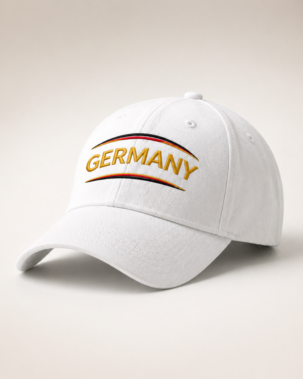 Germany Embroidered White Baseball Cap – Gold Lettering with Flag Color Accents