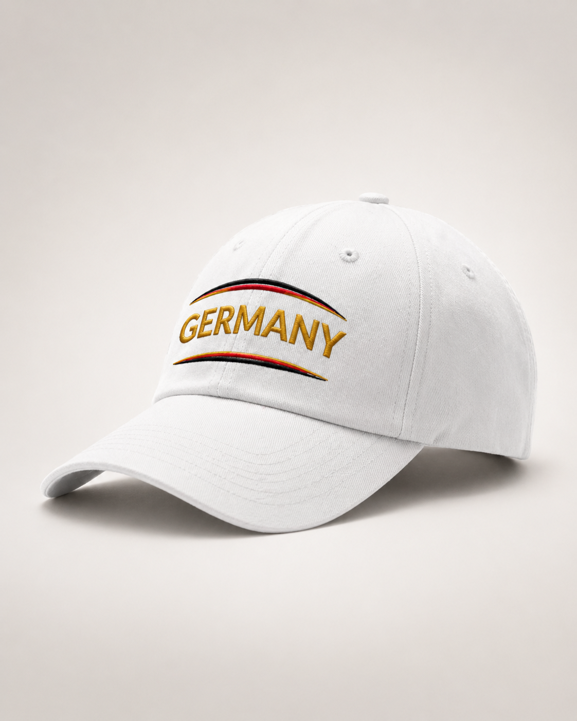 Germany Embroidered White Baseball Cap – Gold Lettering with Flag Color Accents