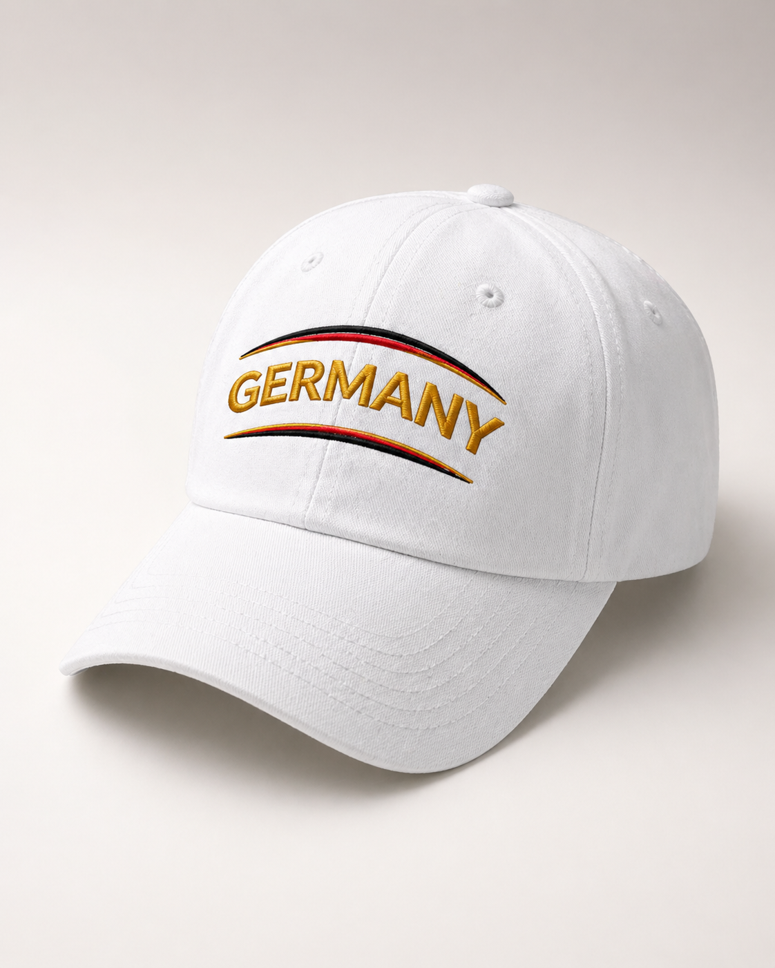 Germany Embroidered White Baseball Cap – Gold Lettering with Flag Color Accents