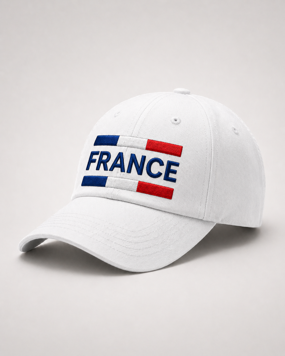 France Embroidered White Baseball Cap – Blue White Red Block Design