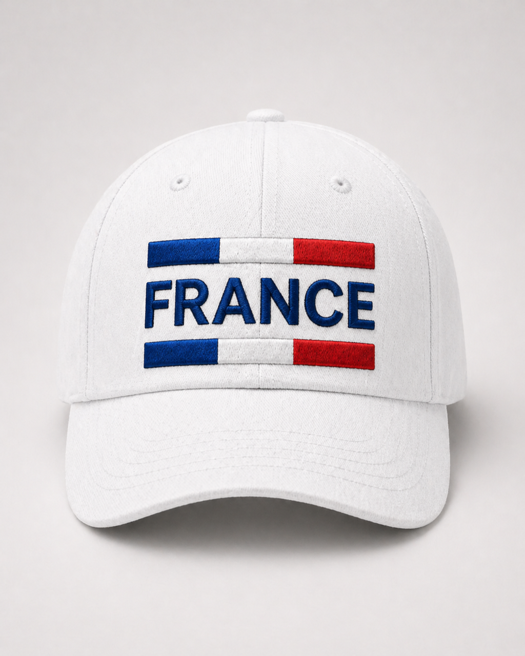 France Embroidered White Baseball Cap – Blue White Red Block Design