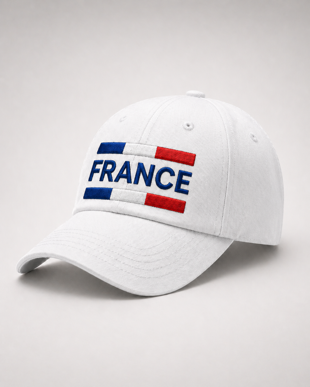 France Embroidered White Baseball Cap – Blue White Red Block Design