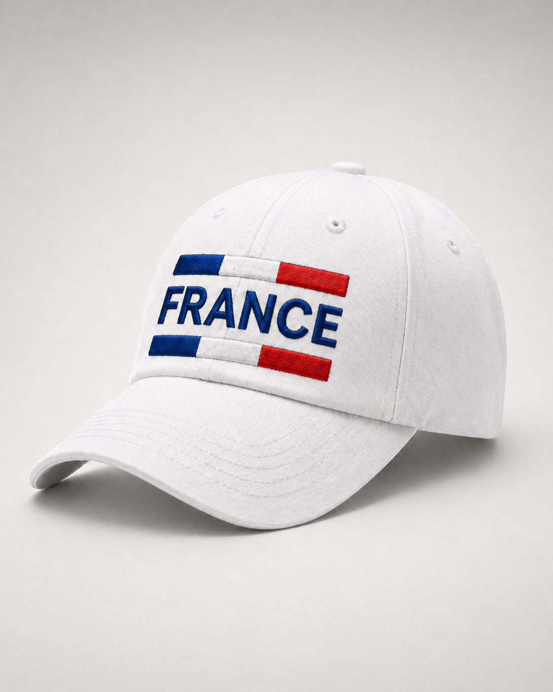 France Embroidered White Baseball Cap – Blue White Red Block Design